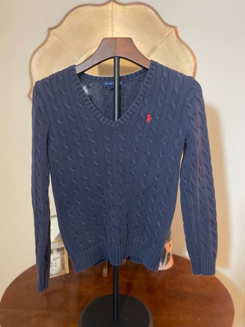 Ralph Lauren Navy V-Neck Cable Knit Sweater with Red Pony Classic Prep M